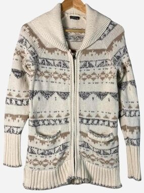 Eddie Bauer Cream Fair Isle Zip Cardigan with Shawl Collar